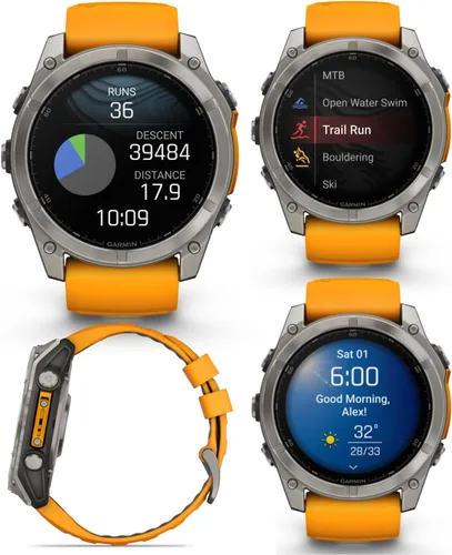 Miniatura 2 de Garmin Fenix 8 – 2 pulgadas, reloj inteligente multideporte GPS AMOLED, zafiro, titanio con banda de silicona naranja brillante/grafito, linterna
