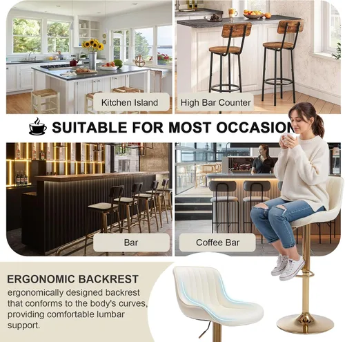 Miniatura 6 de Juego de 4 taburetes de bar giratorios de terciopelo con respaldo y reposapiés, sillas de bar doradas modernas ajustables para isla de cocina, bar