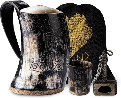 Miniatura 8 de FENRIR Taza de cuerno vikingo de 16 onzas con vaso de chupito, regalos vikingos para hombres y mujeres, abridor de botellas, jarra de cuerno de buey