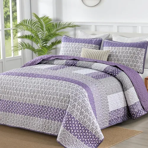 Miniatura 24 de WONGS BEDDING Juego de edredón beige tamaño individual, juego de edredón de rayas bohemias de 3 piezas, juego de colcha acolchada de microfibra