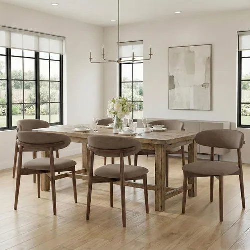 Miniatura 14 de Juego de 4 sillas de comedor, sillas tapizadas de estilo granja, sillas modernas de tela para cocina con patas de madera maciza, color camello