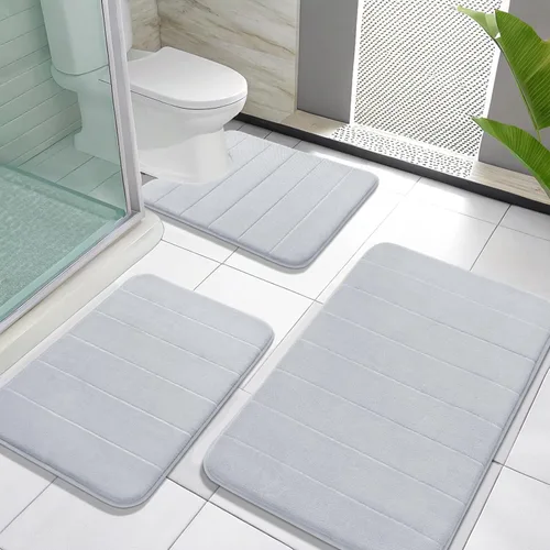 Miniatura 29 de Yimobra Juego de 3 tapetes de baño de espuma viscoelástica con alfombra de inodoro en forma de U, antideslizantes, súper suaves, absorbentes, de Gris