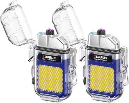 Miniatura 8 de SUPRUS Impermeable 3 modos de linterna a prueba de viento, encendedor de doble arco eléctrico recargable de plasma de doble arco con silbato de Azul