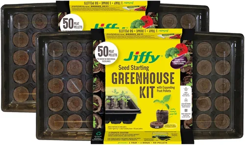 Ferry Morse Jiffy Seed - Kit de bandeja de inicio de semillas – 50 celdas, Bonus SUPERthrive, etiquetas para plantas, paquete de 2 – Turtura/plástico