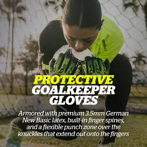 Miniatura 2 de Storelli - Guantes de portero Lightning, protección de mano de alto impacto con 5 espinas de dedo incorporadas, látex alemán New Basic Tormenta Verde
