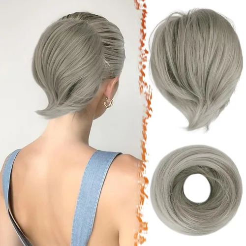 Miniatura 36 de BARSDAR Extensión de cola de caballo y moño de pelo de cobre, extensiones de moño corto sintético liso elástico para mujer, moños desordenados