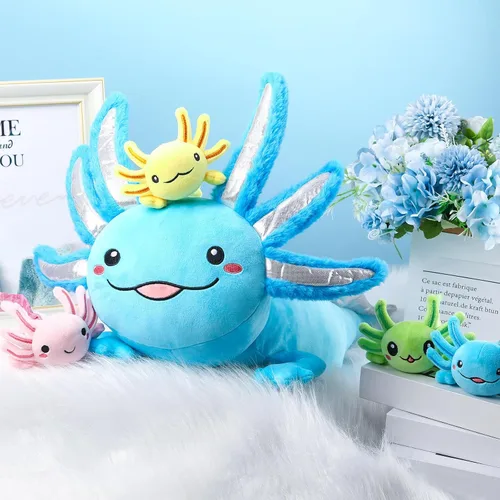 Miniatura 4 de Aoriher Juego de 5 piezas de peluche de ajolote de 24 pulgadas con 4 lindos bebés de peluche en el vientre, suave peluche para niños que duermen Azul