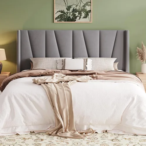 Miniatura 18 de Allewie Marco de Cama de Plataforma de Terciopelo Tamaño Queen con Cabecera Wingback Geométrica, Cama Tapizada Boho con Soporte de Listones de Negro