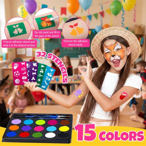 Miniatura 4 de Kit de pintura facial Drawdart para niños - 15 colores de pintura facial no tóxica a base de agua con plantillas y brochas - Kit de maquillaje