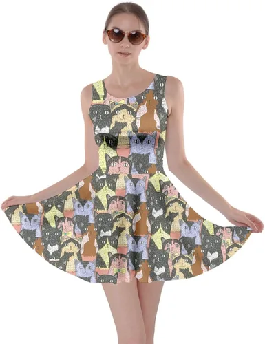 CowCow Vestido corto de patinadora casual para mujer vestido de verano encantador con patrón de gatos vestido de patinadora talla XS - 5XL Negro -
