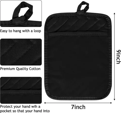 Miniatura 2 de R HORSE Juego de 6 piezas de agarraderas para ollas con bolsillo para cocina, juego de agarraderas para ollas negras de algodón, resistente al Negro
