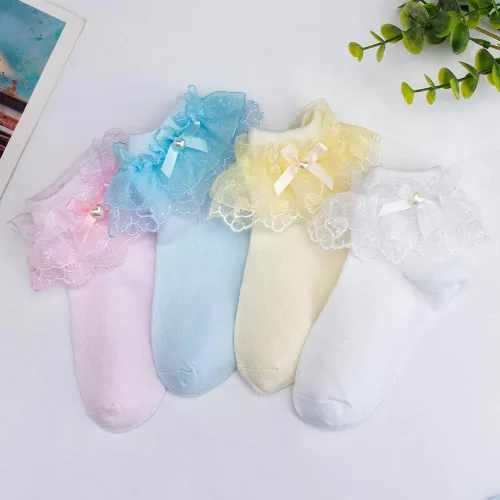 Miniatura 13 de Looching 5 pares de calcetines de encaje con volantes y lazo con volantes de malla con ojales de princesa, calcetines de vestir al tobillo