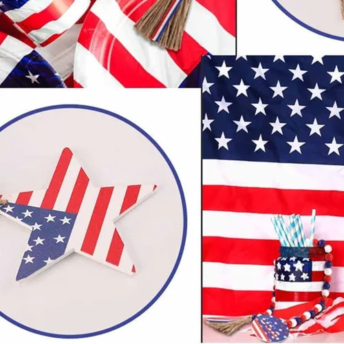 Miniatura 6 de CYee Guirnalda patriótica de cuentas de madera del 4 de julio con borlas rústicas para colgar en la pared con bandera americana con etiqueta