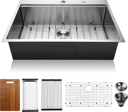 PRUSSIA Fregadero de cocina de 33 pulgadas, 33 x 22 x 10 pulgadas, fregadero de acero inoxidable 304 calibre 16 de un solo tazón Fregadero Topmount