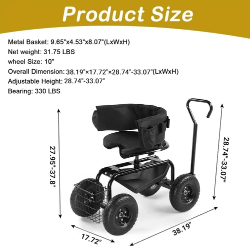 Miniatura 7 de Outvita - Asiento de jardín con ruedas, taburete de jardinería con asiento giratorio ajustable en altura de 360 grados, respaldo ergonómico, bandeja