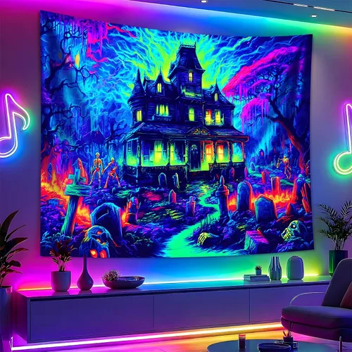 Miniatura 16 de BVBOX Tapiz de Halloween con luz negra, reactivo a los rayos UV que brilla en la oscuridad, póster de tapiz trippy con luz negra para sala de estar