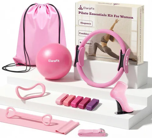 Miniatura 9 de ElaraFit Home Pilates Ring and Ball Set for Women with 5 Resistance Bands 13 inch Magic Circle Workout Starter Kit for Beginners Full Body Toning 15