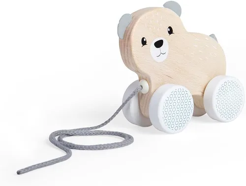 Bigjigs Toys Juguete de oso certificado FSC – Oso de madera ecológico con orejas y cola de fieltro y cable de tracción gris, juguetes de calidad