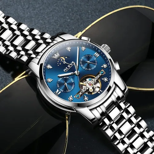 Miniatura 5 de OLEVS Men Automatic Watch Skeleton Moon Phase Dial Luxury Dress Stainless Steel Strap 5 Hands Diamond Men Wrist Watches