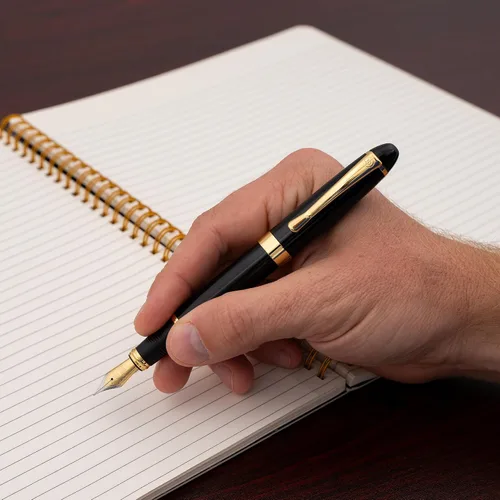 Miniatura 2 de Dayspring Pens Alexandria - Pluma estilográfica negra con borde dorado, punta media, convertidor de tinta y cartuchos de inicio incluidos, grabado