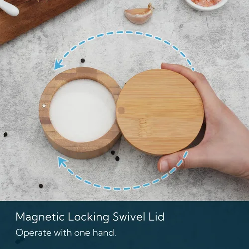 Miniatura 3 de KITCHENDAO Caja de cuenco de sal de bambú, elegante contenedor soporte de cocina con tapa magnética giratoria para almacenar pimienta, especias