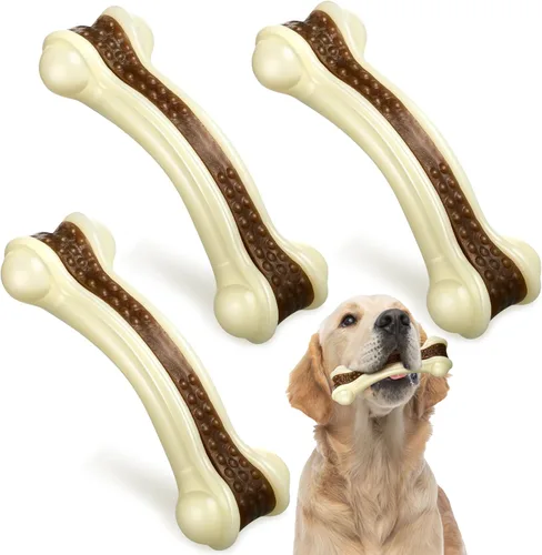 Miniatura 10 de Sosation Paquete de 3 juguetes masticables para masticadores agresivos, juguetes de hueso de nailon con sabor a carne de res, juguetes