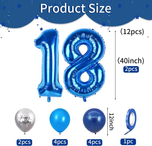 Miniatura 2 de Globos azules del número 18 de 40 pulgadas, globos de cumpleaños de 18 años, globos de látex azul claro y azul oscuro con impresión plateada