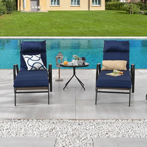 LOKATSE HOME - Juego de camastros ajustables con mesa plegable, con cojines de color azul oscuro, para patio o exteriores (juego de 3 piezas)