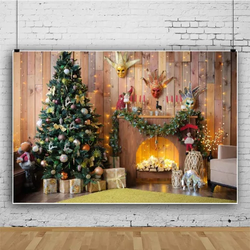 Miniatura 3 de Renaiss Fondo de chimenea de Navidad de 5 x 3 pies, cajas de regalo de árbol de Navidad retro marrón con purpurina, fondo de fotografía de Feliz