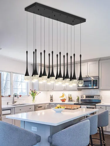 Miniatura 32 de ykolupty Candelabro Moderno de 138'', 20 Luces, Lámpara Colgante Moderna Negra, Candelabro Grande para Escalera, Vestíbulo, Sala de Estar, Negro