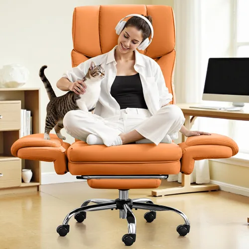 Miniatura 12 de FelixKing Silla de oficina grande y alta, silla ejecutiva de cuero ancho de 400 libras, reposabrazos reversible para mascotas con piernas cruzadas