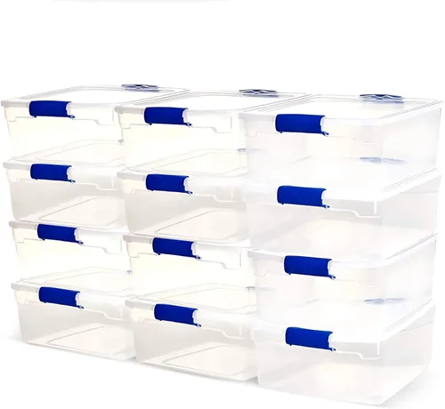 Miniatura 10 de HOMZ Paquete de 8 contenedores organizadores de almacenamiento de plástico transparente, 15.5 cuartos de galón, pestillos azules, contenedores