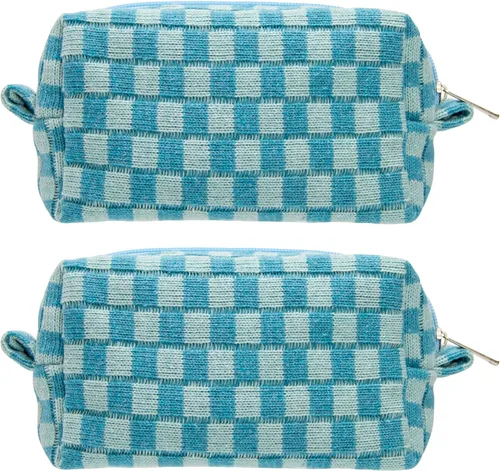 Miniatura 72 de PAZIMIIK Bolsa de Maquillaje a Cuadros para Bolso Portátil con Cremallera, Estuche Pequeño de Cosméticos para Accesorios de Viaje, Azul Ártico