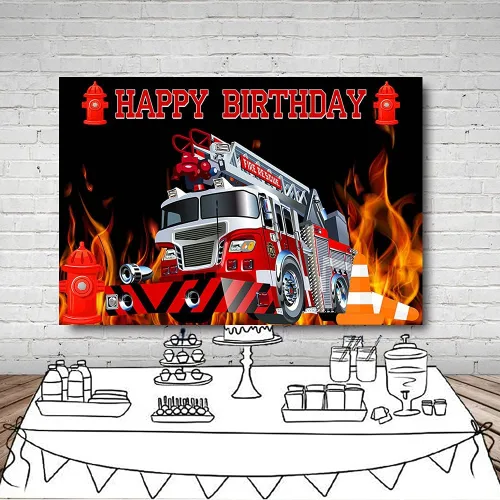 Miniatura 4 de MEHOFOND Telón de fondo de cumpleaños para camión de bomberos de 7 x 5 pies, decoración de fiesta de cumpleaños, accesorios para cabina de fotos