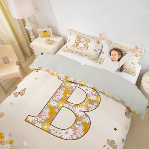 Erosebridal Groovy - Juego de ropa de cama con inicial B de flores de los años 60S y 70S, funda de edredón floral vintage, juego de cama retro con