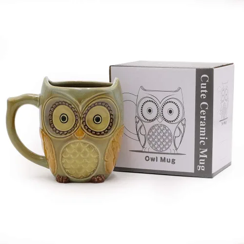 Miniatura 4 de SQOWL Taza de café 3D bonita taza de búho de cerámica con cuchara Tazas de té para mujeres y niñas 12 oz Cian