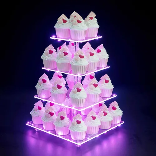 Miniatura 8 de Soporte para Cupcakes, Soporte Redondo para Cupcakes de 4 Niveles con Tira de Luces LED, Torre de Exhibición de Cupcakes de Acrílico para Bodas, Azul
