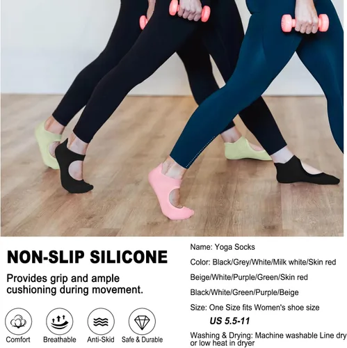 Miniatura 7 de 5 pares de calcetines de pilates, calcetines de yoga con agarres para mujer, antideslizantes, pilates, entrenamiento, barra pura, ballet, danza