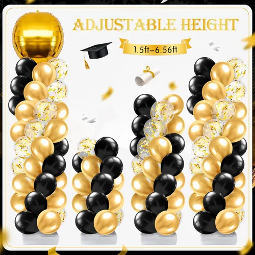 Miniatura 3 de Juego de 2 soportes de columna de globos de graduación dorados y negros para la clase de 2026, torre de arco de globos de suelo ajustable con globos