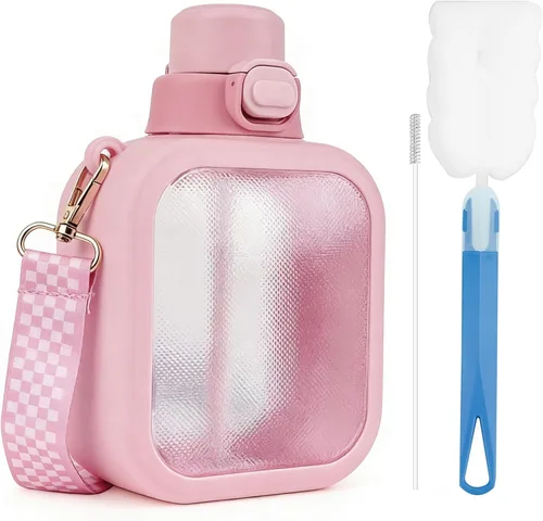 Miniatura 8 de Adorila Botella de agua cuadrada Kawaii con correa cruzada, botella transparente a prueba de fugas de 23 onzas con popote para viajes de oficina