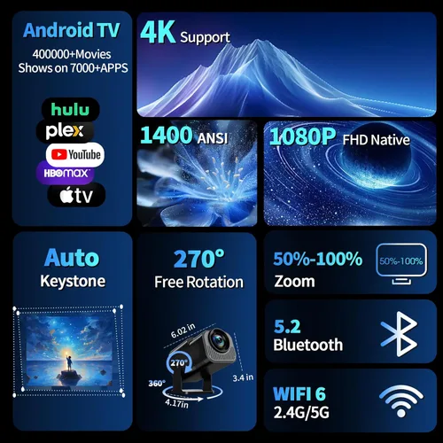 Miniatura 2 de [Proyector 2026 actualizado] Mini proyector compatible con 4K 1080P Keystone automático 270° giratorio con WiFi 6 y Bluetooth 5.2 proyector portátil