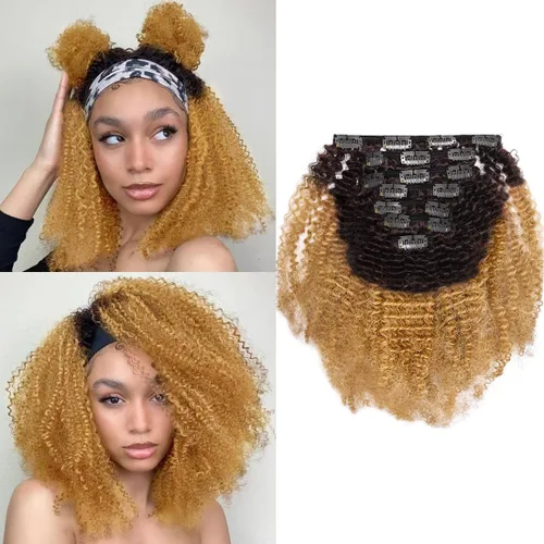 Caliee Extensiones de Cabello Humano Afro Rizado con Clip Virgen Extensiones de Cabello Brasileño 4A y 4B para Mujeres Afroamericanas Negras Ombre