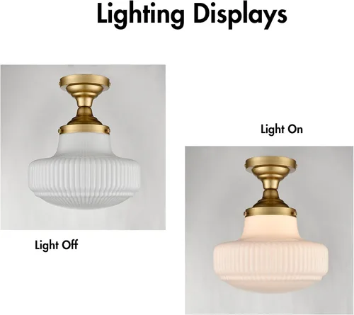 Miniatura 7 de CLAXY - Lámpara de techo moderna dorada con pantalla acanalada semiempotrada Dimmable E26 Based, Indoor Light, Ribbed Milk Glass Lampshade Light
