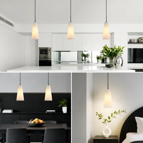 Miniatura 8 de Luces colgantes de alabastro natural, isla de cocina, pantalla cónica de mármol blanco, modernas lámparas de techo negras para mesa de comedor, sala