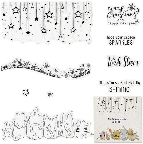 Sellos Transparentes de Feliz Año Nuevo y Navidad, Sellos de Goma Transparente con Diseños de Cinco Gatos, Estrella, Copo de Nieve, Saludos y