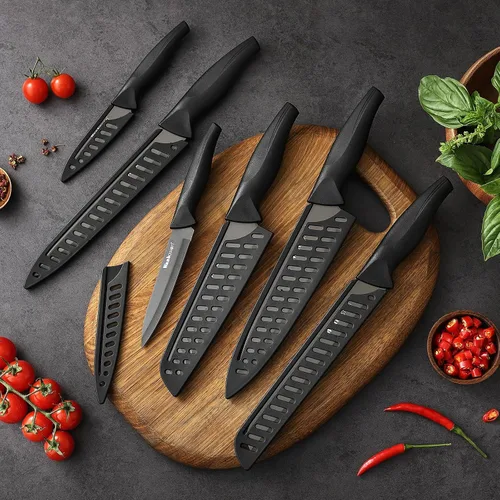Miniatura 7 de Wanbasion Juego de cuchillos de cocina profesional negro, de acero inoxidable, apto para lavavajillas con fundas