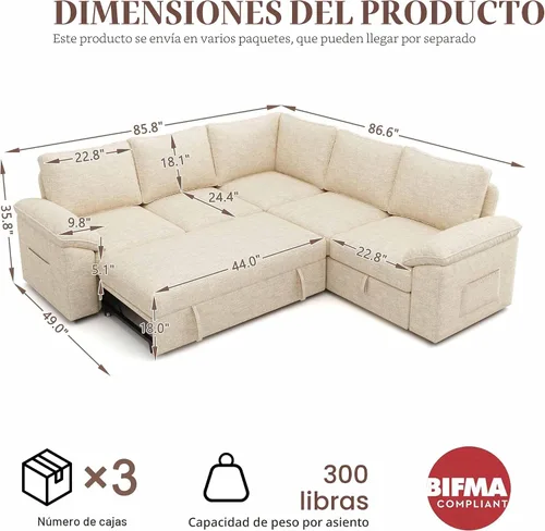 Miniatura 3 de Sofá Seccional Modular de 85 Pulgadas con Cama Extraíble, Sofá Cama Seccional en Forma de L de 5 Asientos con Almacenamiento, Sofás Seccionales
