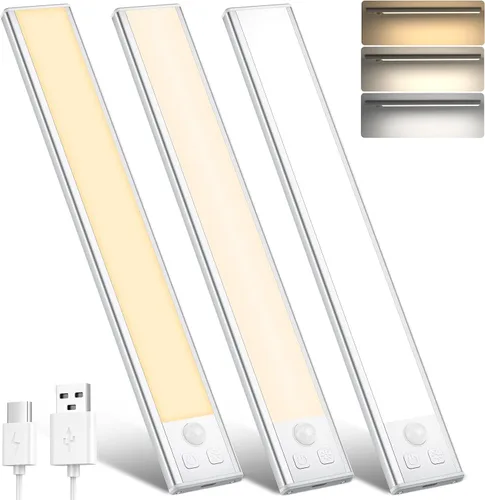 Miniatura 14 de Paquete de 3 luces LED para debajo del gabinete, 32 luces LED de color blanco frío recargables debajo del gabinete, luces LED con sensor de Negro