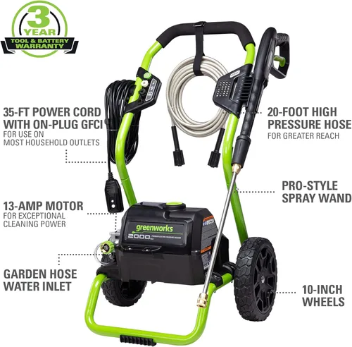 Miniatura 2 de Greenworks 2000 Max PSI @ 1.1 GPM (13 Amp) Lavadora a presión eléctrica GPW2000-1RG + limpiador de superficies accesorio universal 30012