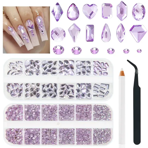 qiipii Diamantes de imitación para uñas de amatista púrpura de múltiples formas de cristal con base plana K9, piedras de vidrio púrpura claro, gemas